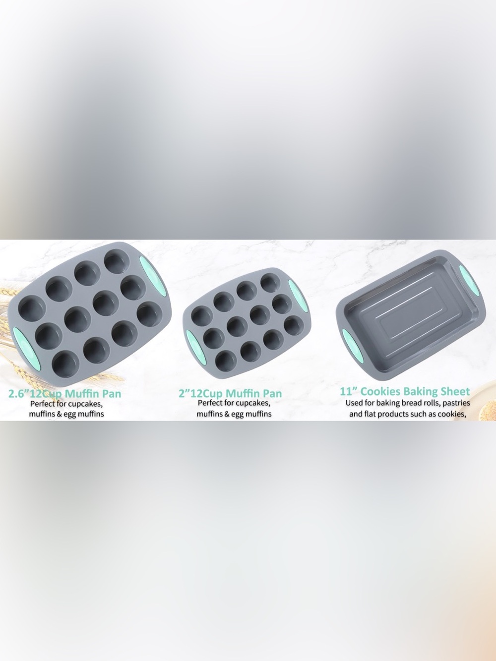 5 Piece Silicone Bakeware Set Grey Mint Muffin Pan Loaf Sheet Square Baking - Picture 4 of 6